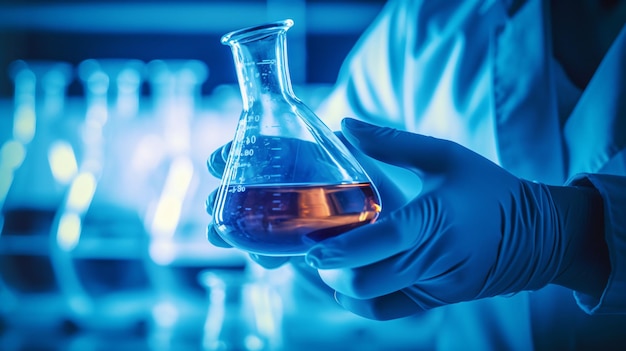 A scientist is holding a test tube with a blue background