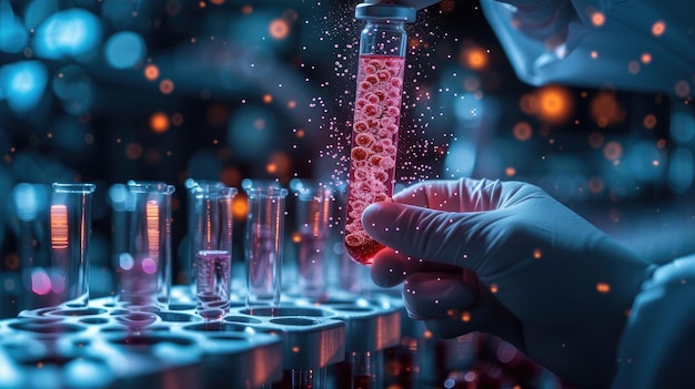 Photo scientist is holding a vial containing a blood cell sample part of a virus cure research project