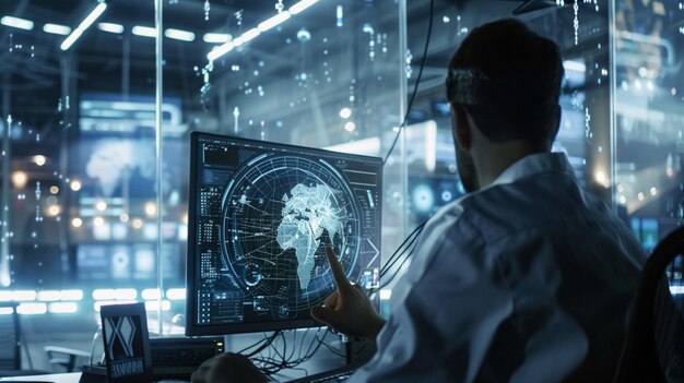 과학자가 스크린에 뇌를 그린 컴퓨터를 사용하고 있습니다.