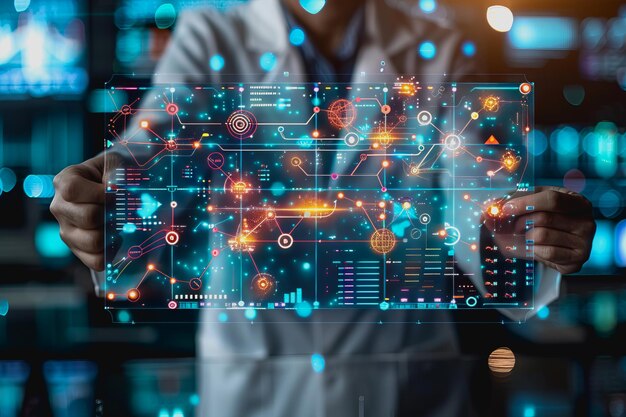 Photo scientist is using a high tech dashboard to analyze science and research data technology futuristic