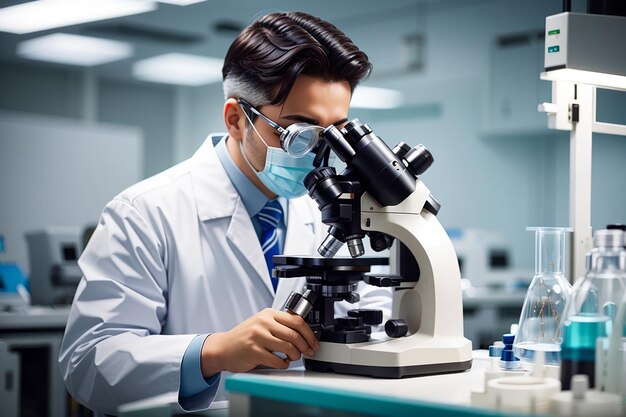 The scientist is using microscope in analytical laboratory