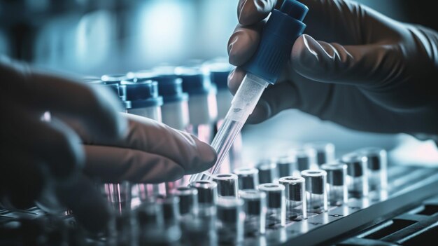 A scientist is working on a lab equipment with a test tube of liquid.