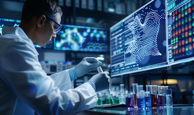 Photo a scientist is working in a lab with a blue screen behind him