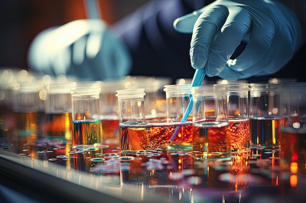 한 과학자가 액체 병을 가지고 실험실에서 일하고 있습니다.