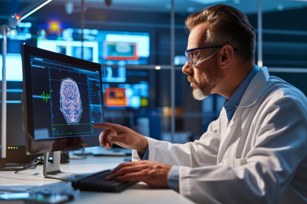 Photo scientist in lab coat analyzing data on computer screen