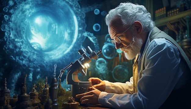 A scientist in a lab coat carefully observing specimens through a microscope in a welllit laborator