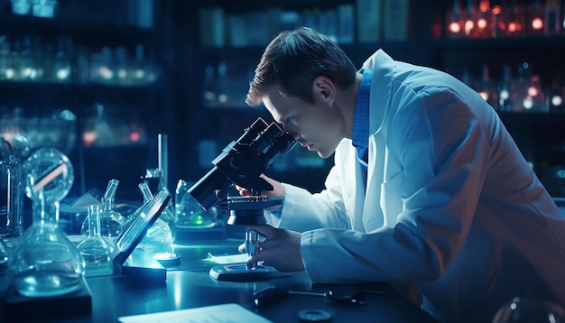 실험실 의 코트 를 입은 과학자 가 잘 조명 된 실험실 에서 현미경 을 통해 표본 을 신중 히 관찰 하고 있다