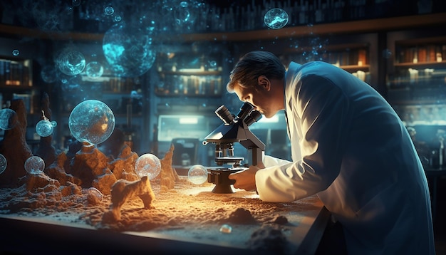 A scientist in a lab coat carefully observing specimens through a microscope in a welllit laborator