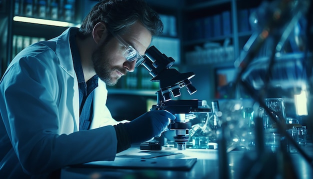 A scientist in a lab coat carefully observing specimens through a microscope in a welllit laborator