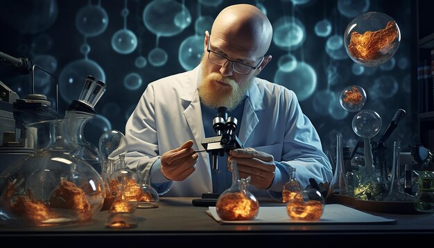 A scientist in a lab coat carefully observing specimens through a microscope in a welllit laborator