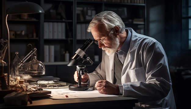 A scientist in a lab coat carefully observing specimens through a microscope in a welllit laborator