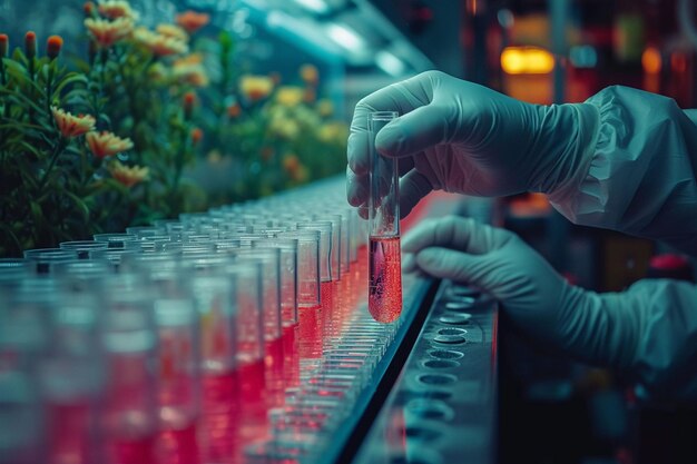 Foto scienziato in camicetta di laboratorio che tiene il tubo