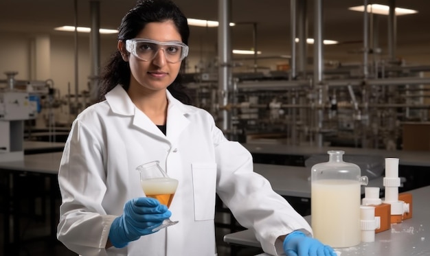 A scientist in a lab coat holds a glass of liquid.