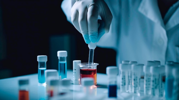 A scientist in a lab coat is filling a test tube with a red liquid.