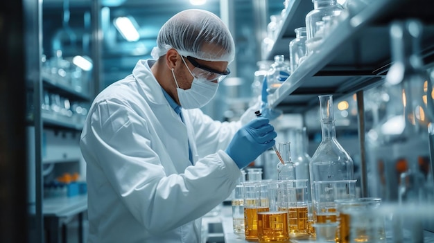 실험실 코트 를 입은 과학자 가 마스크 를 착용 하고 있다