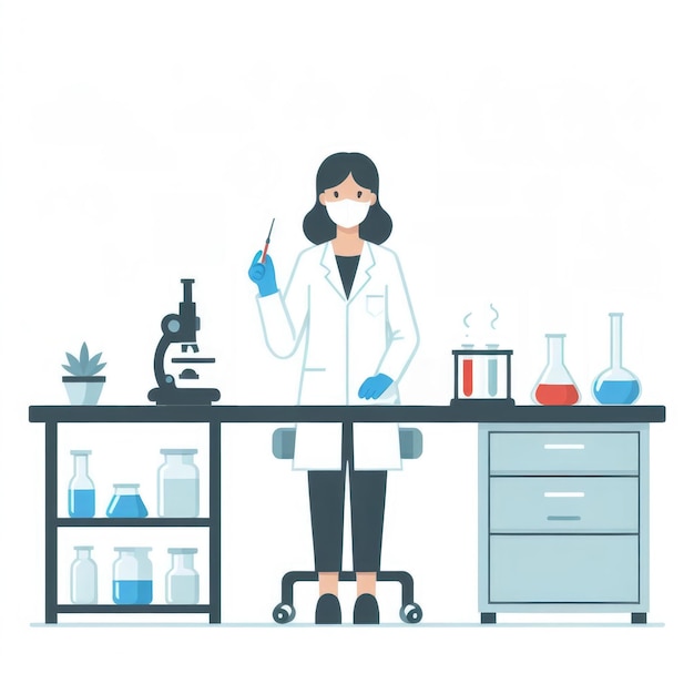 scientist in a lab coat and mask is immersed in research surrounded by equipment like test tubes a