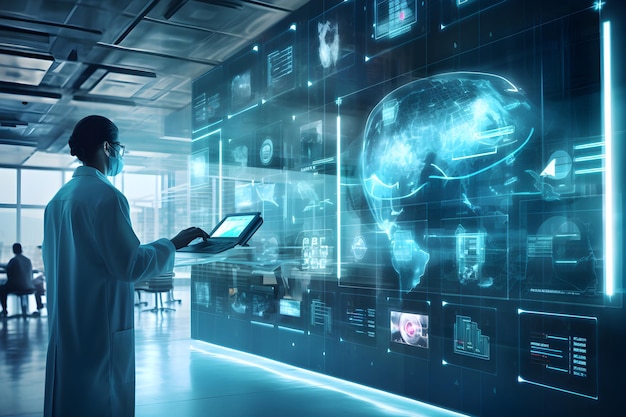 A scientist in a lab coat and mask stands in front of a wall with a brain display.