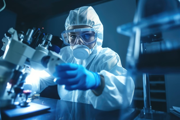 A scientist in a lab looking through a microscope