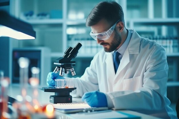 Photo a scientist in a lab with a microscope and a lab coat