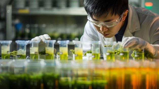 A scientist in a laboratory setting carefully measuring out different types of agricultural waste