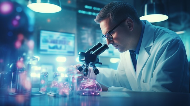 scientist in laboratory using microscope