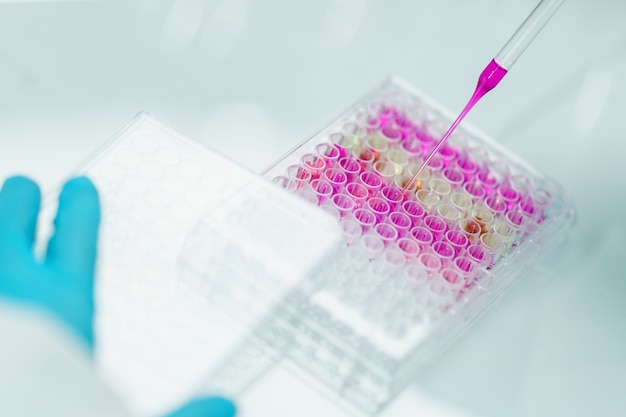 Scientist in laboratory with  biological tube for analysis and sampling of Covid-19.