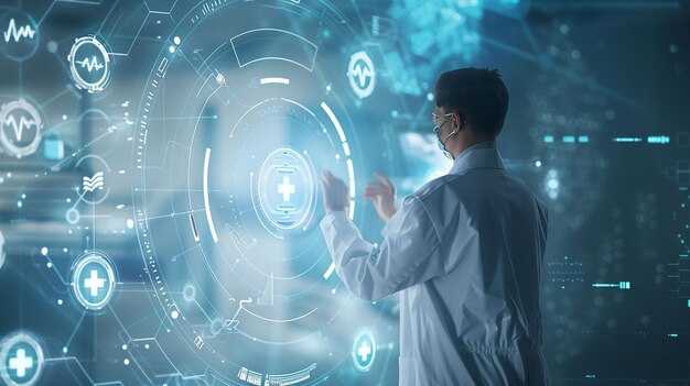 Photo a scientist looking at a screen with the words medical and technology in the background