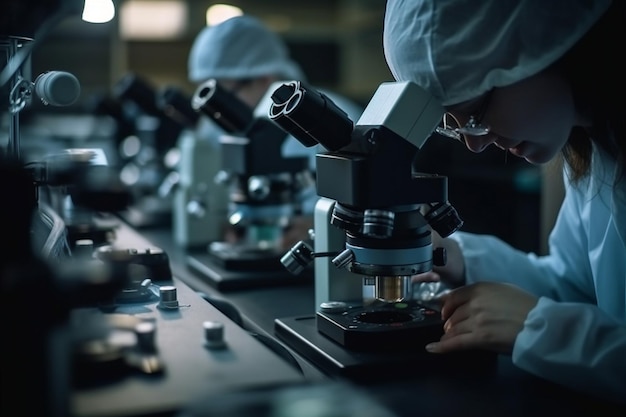 A scientist looking through a microscope in a dark room.