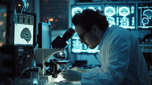 a scientist looking through a microscope in front of a monitor