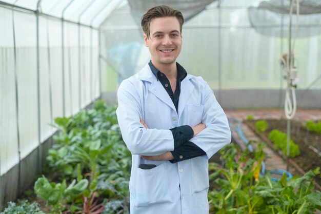 A scientist man is analyzing organic vegetables plants in greenhouse