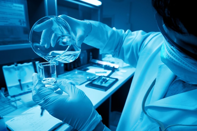 과학자는 쉐이크 기계로 화학 물질을 혼합합니다. 실험 전에 샘플을 시험관에 묶은 혼합물실험실에서 일하는 태국 과학자