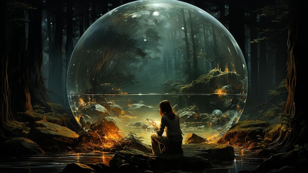 A scientist observes her monster in an experimental glass ball