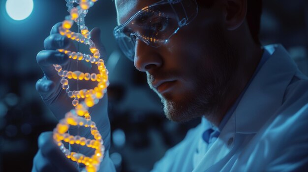 Foto lo scienziato osserva la sequenza di dna incandescente