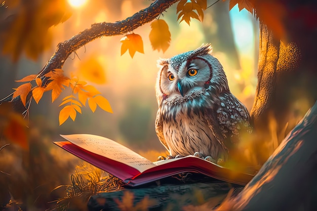 A scientist owl sits in a branch in a green forest and reads a book with a red cover sunset generative ai