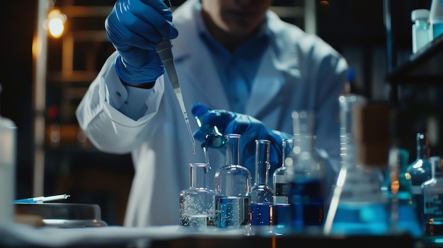 保護手袋をかぶった科学者がガラスの容器に液体を輸送するためにパイペットを使って実験を実験室で行っています
