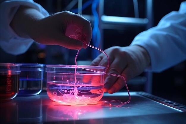 Scientist pouring pink fluorescent solution in a petri dish in a dark laboratory