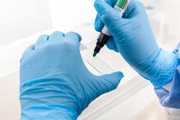 Photo scientist preparing slides with paraffin embedded tissue samples for immunohistochemistry assay