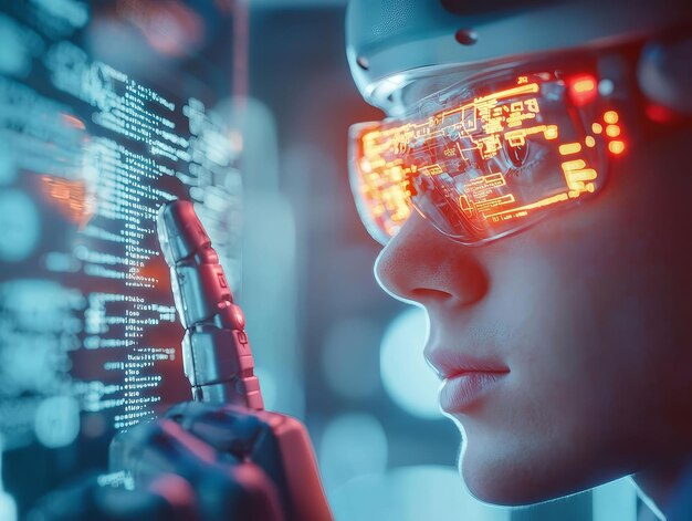 Ученый программирует робота AI в исследовательской лаборатории с цифровым интерфейсом, показывающим код и алгоритмы