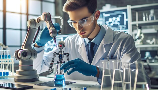 Premium Photo | Scientist Programming Robotic Arm for Lab Assistance in ...