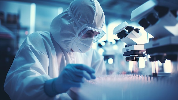 A Scientist in Protective Gear Examines Test Tubes and Engages with a Microscope in the Laboratory