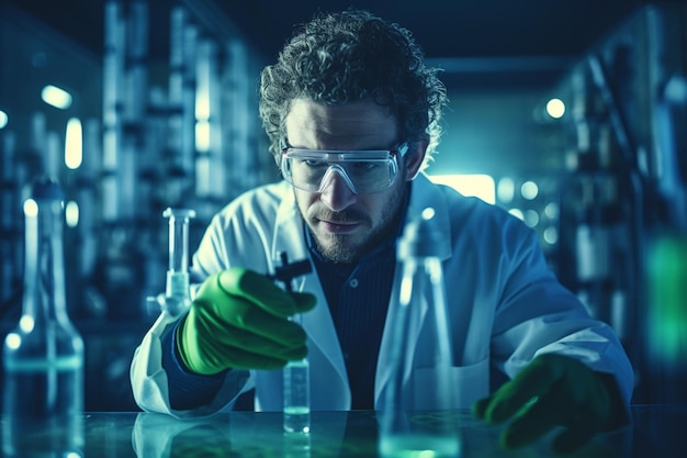 Foto scienziato in tuta protettiva che tiene la provetta con il campione in laboratorio