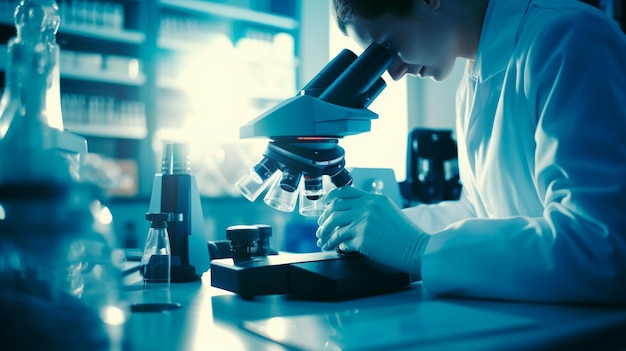 scientist in protective suit holding test tube with sample in laboratory