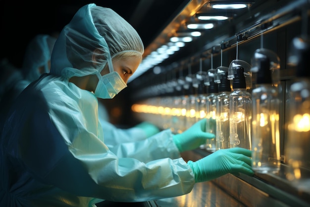 Scientist in protective suit inspecting bottles on production line at pharmaceutical factory