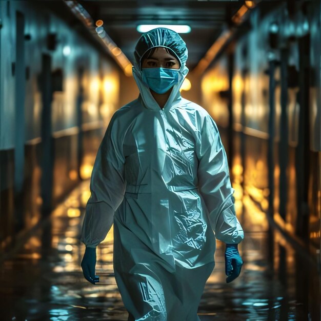 防護服とマスクを着た科学者が病院の廊下を歩いています