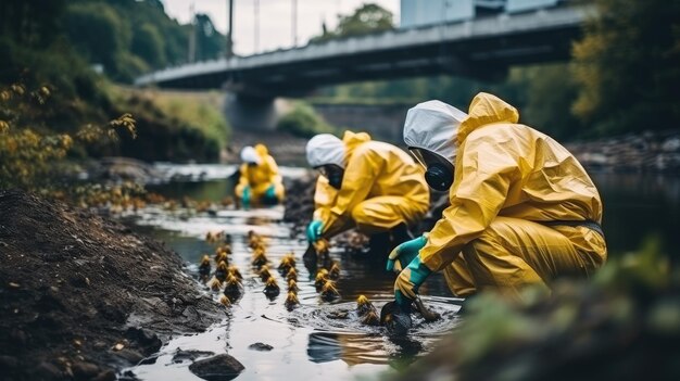 사진 보호복을 입은 과학자 연구원은 오염된 강에서 물을 분석합니다.