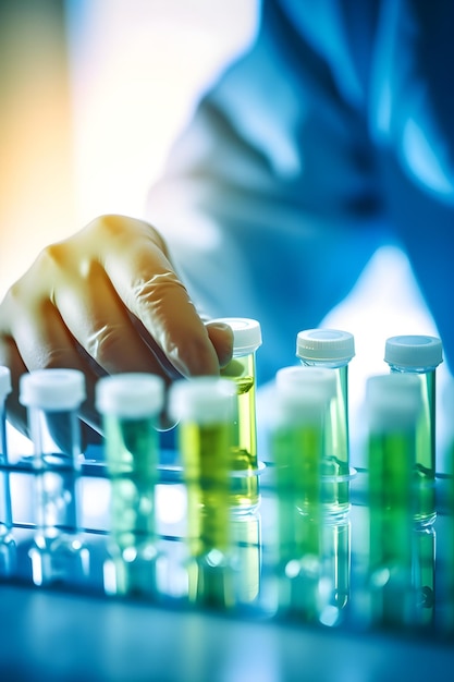 A scientist's hand is holding a test tube with a green liquid inside.