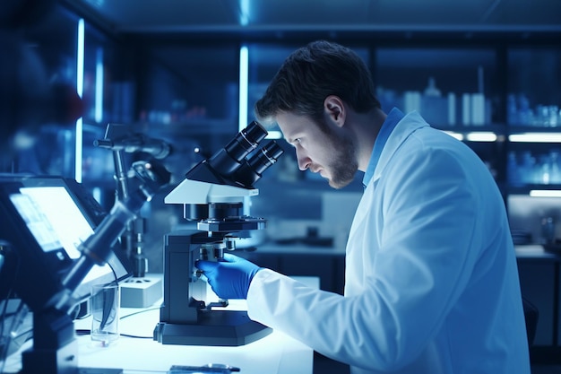 Photo a scientist setting up a microscope for generative ai