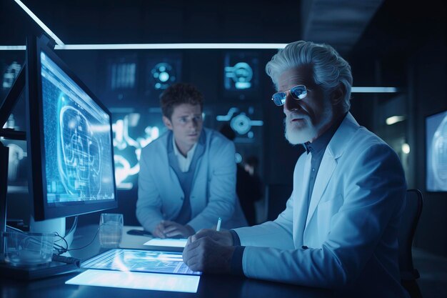 Premium Photo | Scientist sitting at his desk consults engineer about ...