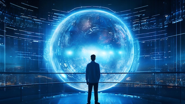 A scientist Standing in front of a giant Futuristic Globe like structure blue color theme