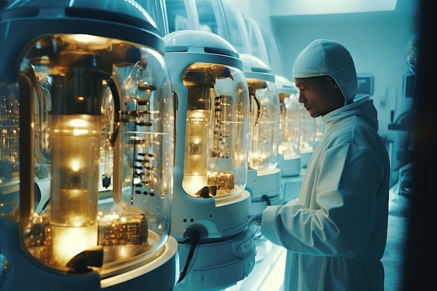 scientist at sterile laboratory in front of glass reservoir futuristic scene